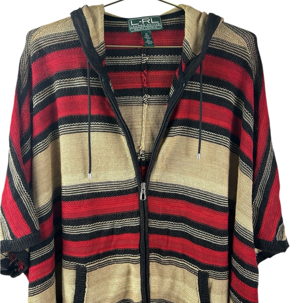 Lauren Ralph Lauren Active red, black, and tan striped hooded knit poncho - Picture 4 of 7